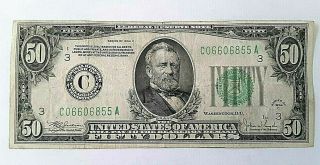 Vintage U.  S $50.  00 Federal Reserve Note - Series 1934 Date - U.  S.  Philadelphia