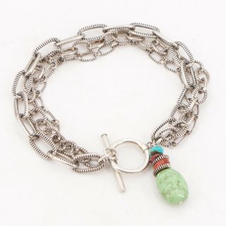 Vtg Sterling Silver Southwestern Turquoise & Coral Multi - Chain 7 " Bracelet 18g