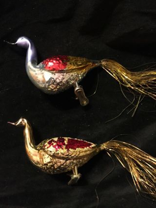 2 Vintage Mercury Glass Bird Ornaments Peacock And Gold Bird With Tinsel Tail