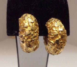 Vintage Signed Kenneth Jay Lane Gold Tone Clip On Earrings Nugget Design