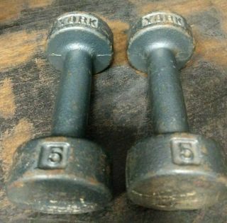 2x Vintage York Cast Iron 5 Lbs/pound Dumbbell/weight Lifting Decor:bun Style