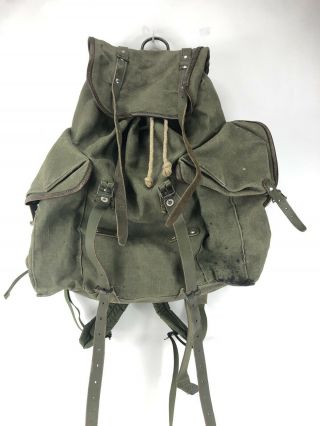 Vintage Leather & Canvas Rucksack Military Army Field Back Pack Olive Green