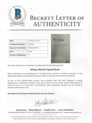 MICKEY MANTLE SIGNED THE MICK AUTOGRAPHED BOOK BECKETT BAS CERTIFED AUTHENTIC 3