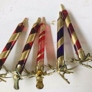 Set 5 Vintage Red Purple Gold Glass Clip On Candle Christmas Ornaments Italy 5 "
