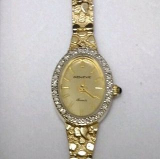 Vintage Geneve Fine Ladies 14k Solid Gold Nugget W Diamonds Bezel Wrist Watch