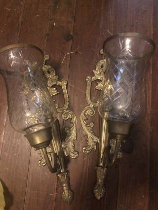 Vintage Pair Solid Brass Wall Sconces Candlestick Candle Holders W/ Glass