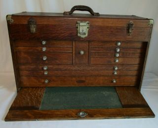 Antique H.  Gerstner & Sons 11 Drawer Oak Wood Machinist Tool Box Chest