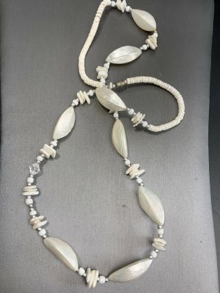 Vintage White Mother Of Pearl Puffy Beaded Necklace 26”