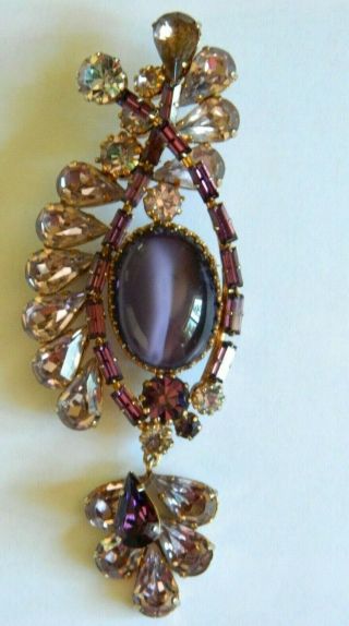 Vtg Austria Huge 4” Purple Moonstone Glass Amethyest Ab Rhinestone Pin Brooch