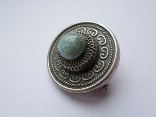 Vintage Unstamped Sterling Silver Target Style Brooch Set With Turquoise Bead