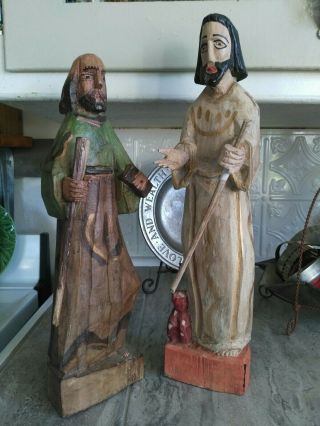 2 Vintage Folk Art Mexican Santos Religious Hand Carved Painted Jesus Wood Saint