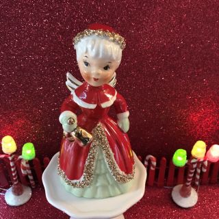 Vtg Napco Christmas Angel Girl In Santa Hat And Red Coat Bell Figurine Japan