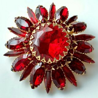 Signed Judy Lee Vintage Ruby Red Glass Flower Navette Rhinestone Brooch Pin 613