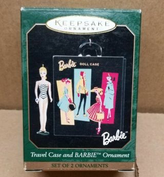 Vintage Barbie Doll And Travel Case Christmas Ornaments 1999 Holiday
