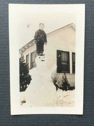 Antique Vintage Snapshot Photo Little Boy Snowman Winter Christmas Oklahoma 1930