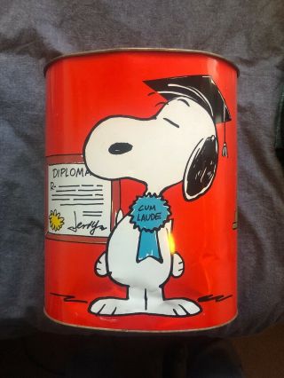 Vintage 1969 Cheinco Peanuts Snoopy Charlie Brown Metal Trash Can Wastebasket