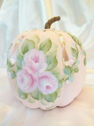 Bydas Prism Pumpkin W Pink Roses Hp Hand Painted Chic Shabby Vintage Cottage Art