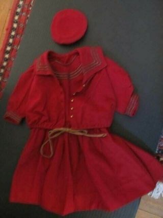 Antique Vintage,  26 Inch Doll Outfit Burgundy Red Wool,  Silk,  Dress,  Coat And Hat