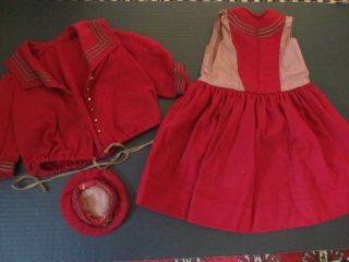 ANTIQUE VINTAGE,  26 inch DOLL OUTFIT BURGUNDY RED WOOL,  SILK,  DRESS,  COAT AND HAT 2