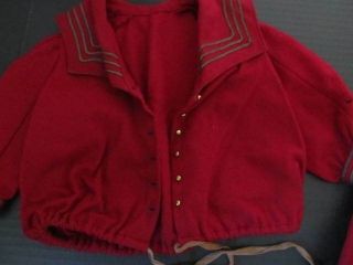 ANTIQUE VINTAGE,  26 inch DOLL OUTFIT BURGUNDY RED WOOL,  SILK,  DRESS,  COAT AND HAT 3