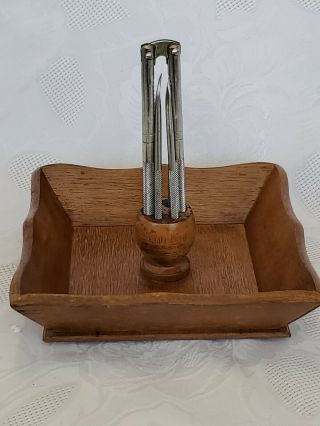 Wood Nut Bowl With Metal Cracker & 4 Picks Vintage