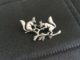 Antique/vintage Brooch; 2 Squirrels On A Branch.  Silver Metal; Trombone Clasp.