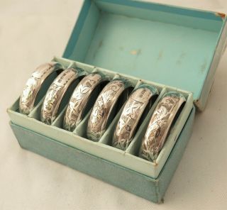 Set Of Six Ornate Solid Sterling Silver Napkin Rings - Birmingham 1915 No Mono