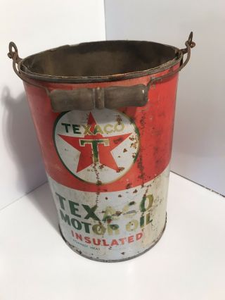 Vintage Antique Texaco Insulated Motor Oil Can Bucket Pail W/Wooden Handle 2