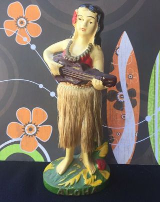 Antique Vintage Chalkware Hawaiian Hula Nodder W/ Ukulele Hawaii Souvenir