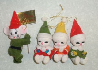 Vintage Felt Snow Babies & Plastic Head,  Hand Painted Mouse Christmas Ornaments