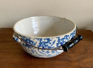 Vintage Antique Stoneware Crock Bowl With Bale Handle Blue Sponge Ware