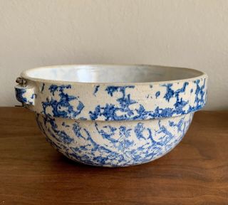 Vintage Antique Stoneware Crock Bowl with Bale Handle Blue Sponge Ware 2