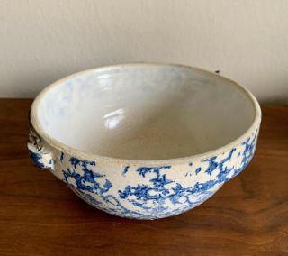 Vintage Antique Stoneware Crock Bowl with Bale Handle Blue Sponge Ware 3