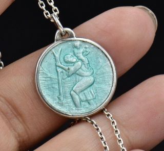 Vintage St.  Christopher Medal Sterling Silver Blue Guilloche Enamel 925 Necklace