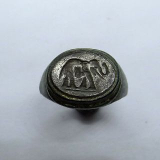 Roman Egyptian Ancient Artifact Bronze And Silver Ring With Elephant