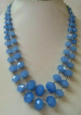 Stunning Vintage Estate Blue Glass Bead Dbl Strand 19.  5 " Necklace 2686l