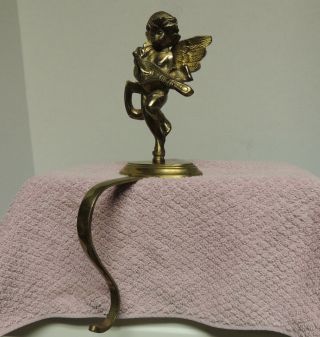 Vintage Solid Brass Heavy Christmas Stocking Holder Hanger Angel With Mandolin
