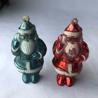 Vtg Christmas Hard Plastic Santas Tree Ornaments Metallic Green & Red Htf