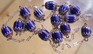 , Flapper Length,  Vintage Venetian Chevron Glass Bead Necklace On Chain Link