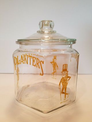 Vtg Mr Peanut Planters Glass Hexagonal Jar Canister W/cover / Lid Usa Made