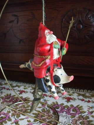 Vintage Christmas Tree Ornament Pam Schifferl Santa Claus Rides Flying Pig Moon