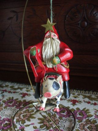 Vintage Christmas Tree Ornament Pam Schifferl Santa Claus Rides Flying Pig Moon 2