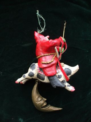 Vintage Christmas Tree Ornament Pam Schifferl Santa Claus Rides Flying Pig Moon 3