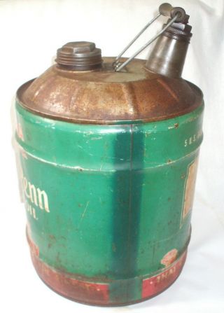 Vintage Wm Penn Motor Oil Can 5 Gallon Metal Canfield Ohio 3