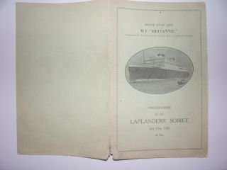 1932,  WHITE STAR LINE,  M.  V.  BRITANNIC,  STATIONERY & LAPLANDERS ' SOIREE PROGRAMME 3