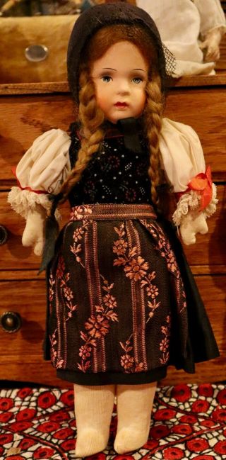 Antique 14 " German Cloth Doll Bing W/original Costume & Mohair Wig