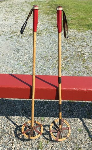 Antique Bamboo Ski Poles 39 " Long Snow Skis W/ Double Bamboo Rings L@@k 125