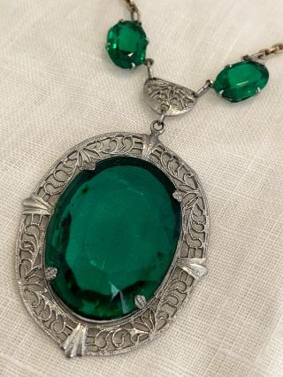Vintage Antique Art Deco Emerald Green Glass Paste Open Back Bezel Set Necklace
