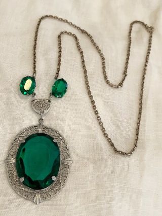 Vintage Antique Art Deco Emerald Green Glass Paste Open Back Bezel Set Necklace 2