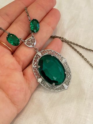 Vintage Antique Art Deco Emerald Green Glass Paste Open Back Bezel Set Necklace 3
